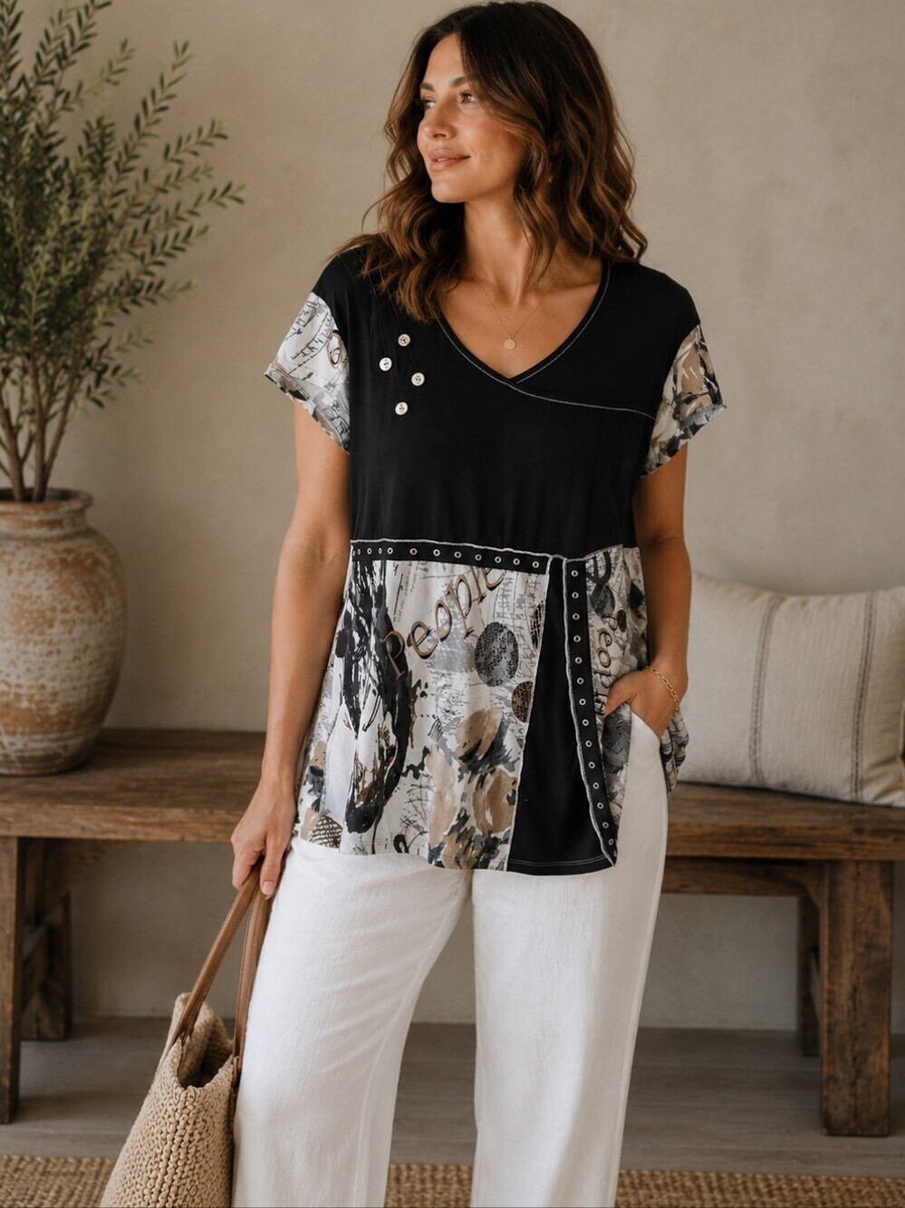 Bali | Abstract Print Black Tunic Top, Ptp 22" To 27"